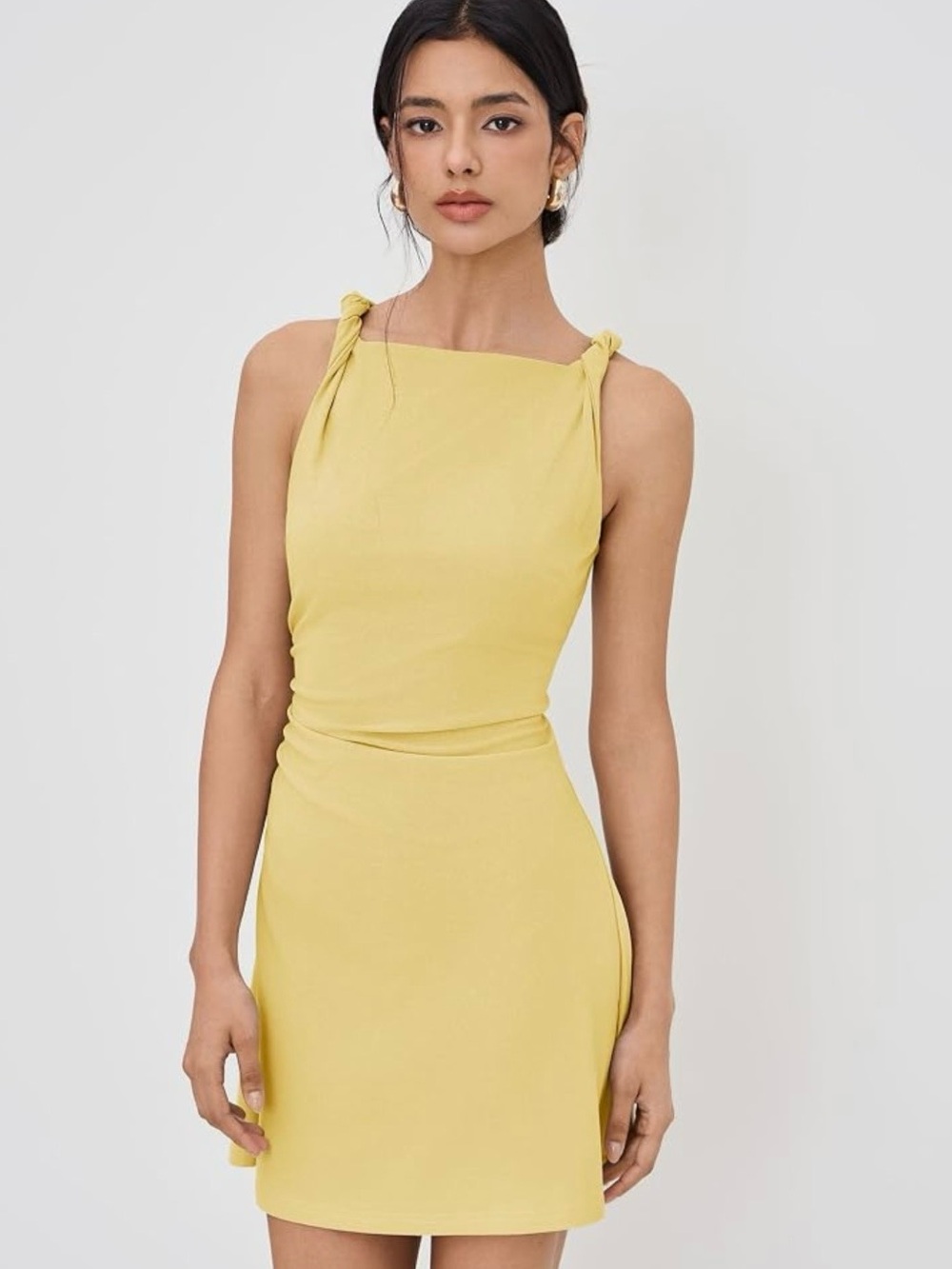 Cider Yellow Knot-Shoulder Mini Dress